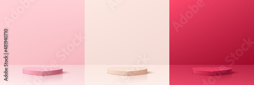 Set of pink, cream and red 3D abstract room with pedestal podium heart shape. Pastel inimal scene for valentine product display presentation. Vector rendering geometric platform. Stage for showcase.
