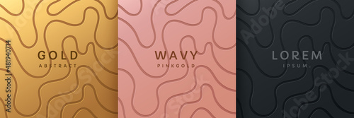 Set of gold, rose gold and black wavy lines abstract design. Collection of luxury wavy pattern background with copy space. Design for cover template, poster, banner, print ad. Vector illustration