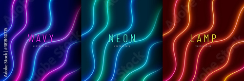 Set of blue-green, red-purple and orange-yellow illuminate lighting lines. Abstract vibrant color template design. Collection of glowing laser wavy lighting on dark background. futuristic style.