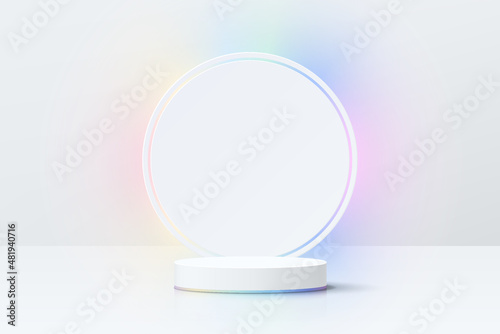 Abstract 3D room with realistic white cylinder pedestal podium and glowing light hologram color. Minimal scene for product display presentation. Vector geometric platform design. Stage for showcase. © Riseness