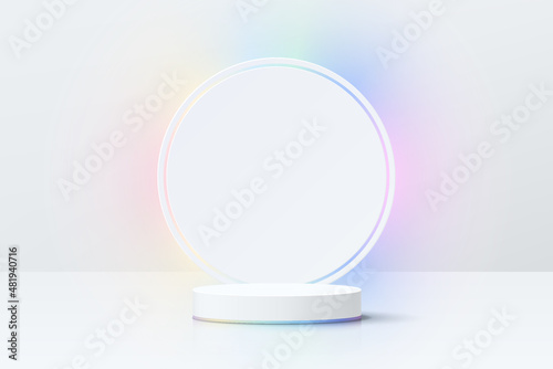 Abstract 3D room with realistic white cylinder pedestal podium and glowing light hologram color. Minimal scene for product display presentation. Vector geometric platform design. Stage for showcase.