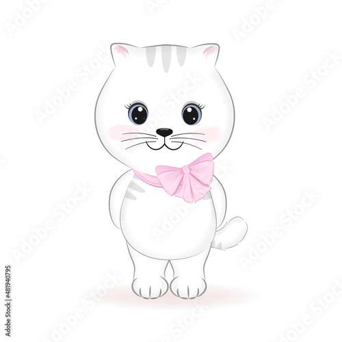 Cute little white Cat, animal cartoon illustration