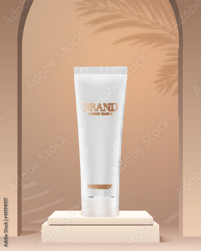 White tube of cosmetic product stand on podium. Tube for cream under arch.