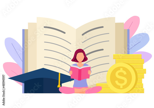 Graduation cost, expensive education, scholarship loan budget, education savings and investment concept. Opened book, dollar coins and graduation hat in flat design.