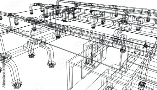 architectural wireframe blueprint of HVAC system in BIM vector