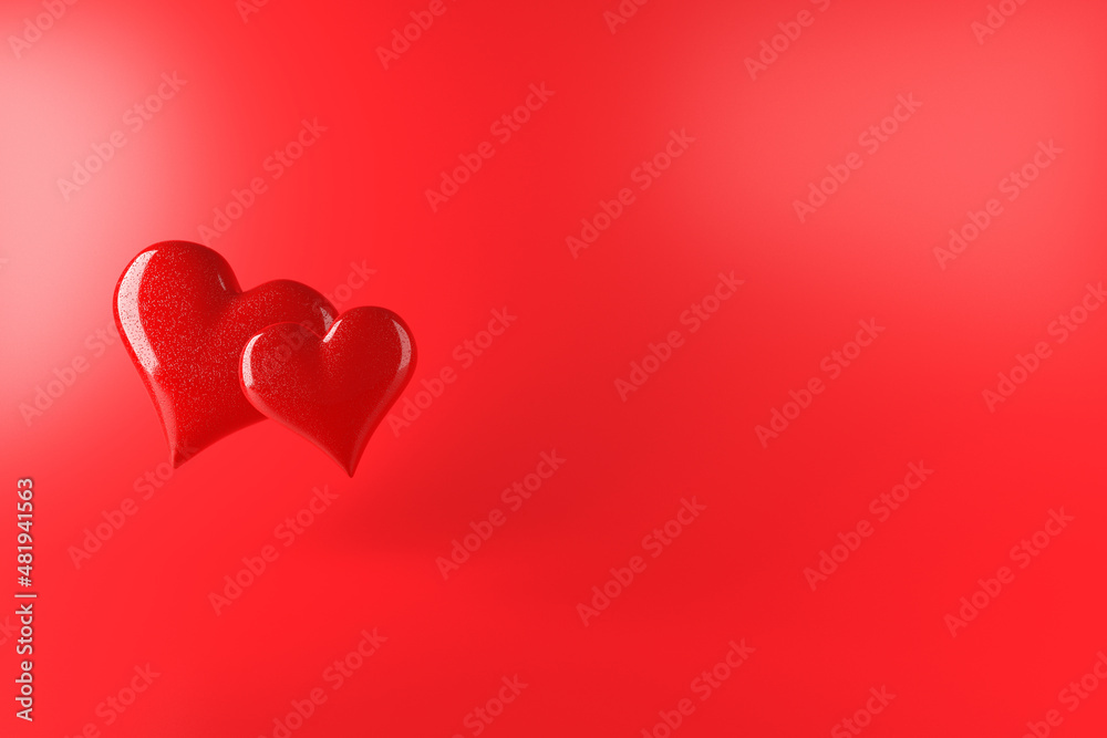Postcard template for Valentine's Day, wedding or Women's Day. Two dark red hearts with a rough surface on a red background and empty space for text. The concept of romantic relationships. 3D render
