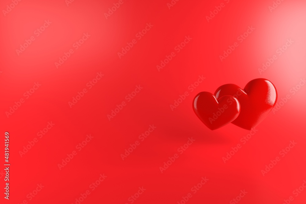 Postcard template for Valentine's Day, wedding or Women's Day. Two red hearts with a rough surface on a red background and empty space for text. The concept of romantic relationships. 3D rendering