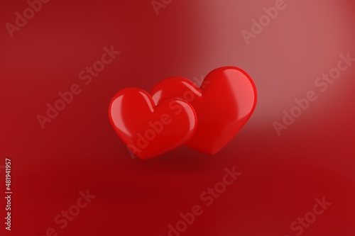 Two red shiny glossy hearts on a burgundy background. Postcard template for Valentine's Day, wedding or Women's Day. The concept of love. 3D rendering