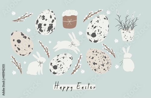 Happy Easter - vector print. Cute spring card with quail eggs, flowers, Willow twigs, bunny, leaf and design elements in flat style