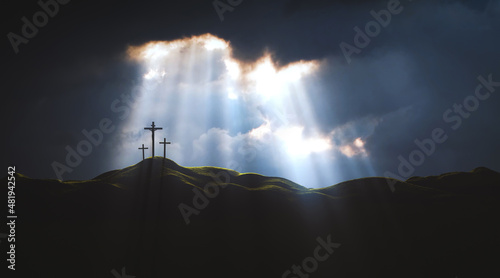 Fotografija The sky over Golgotha Hill is shrouded in majestic light and clouds, revealing the holy cross symbolizing the death and resurrection of Jesus Christ