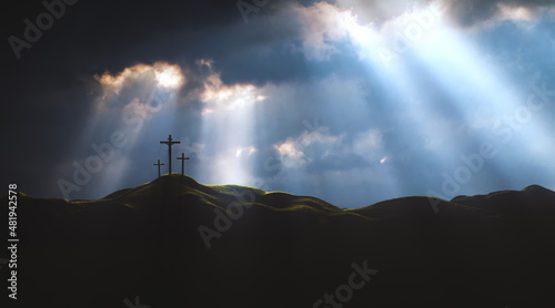 Leinwand Poster The sky over Golgotha Hill is shrouded in majestic light and clouds, revealing the holy cross symbolizing the death and resurrection of Jesus Christ