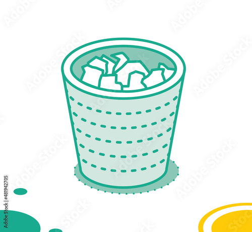 Recycle Bin Icon. Isometric Trash Can Icon with Papers.