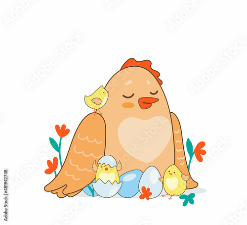 A chicken with chickens in the nest. Cute cartoon-style character.