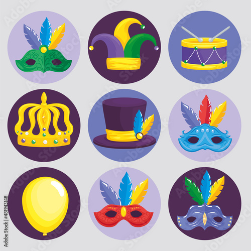 nine happy mardi gras icons