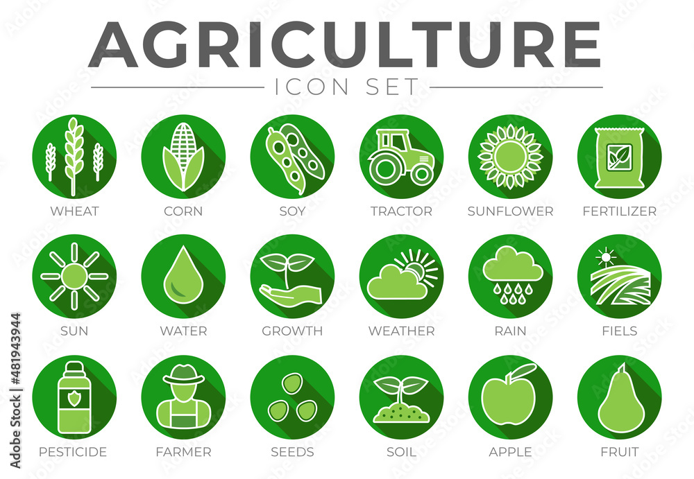 Green Colorful Agriculture Round Icon Set of Wheat, Corn, Soy, Tractor, Sunflower, Fertilizer, Sun, Water, Growth, Weather, Rain, Fields, Pesticide, Farmer, Seeds, Soil, Apple, Fruit Icons. Green Colorful Agriculture Round Icon Set of Wheat, Corn, Soy, Tractor, Sunflower, Fertilizer, Sun, Water, Growth, Weather, Rain, Fields, Pesticide, Farmer, Seeds, Soil, Apple, Fruit Icons.