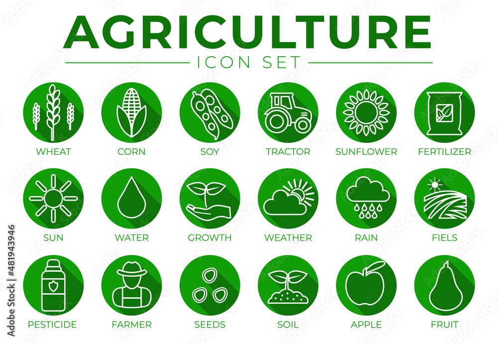 Agriculture Round Outline Icon Set of Wheat, Corn, Soy, Tractor, Sunflower, Fertilizer, Sun, Water, Growth, Weather, Rain, Fields, Pesticide, Farmer, Seeds, Soil, Apple, Fruit Icons. Agriculture Round Outline Icon Set of Wheat, Corn, Soy, Tractor, Sunflower, Fertilizer, Sun, Water, Growth, Weather, Rain, Fields, Pesticide, Farmer, Seeds, Soil, Apple, Fruit Icons.