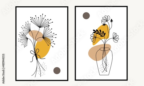Set two of minimal flowers wall art. flowers in vase wall decorations. boho scandinavian wall decor. minimal line art flower home decor. can use for poster template and art deco.