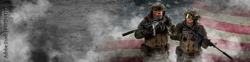 Professional special forces soldiers, during a special operation is shrouded, in smoke against a dark concrete wall and US flag background. Photo format 4x1. Collage - one model, in three poses.