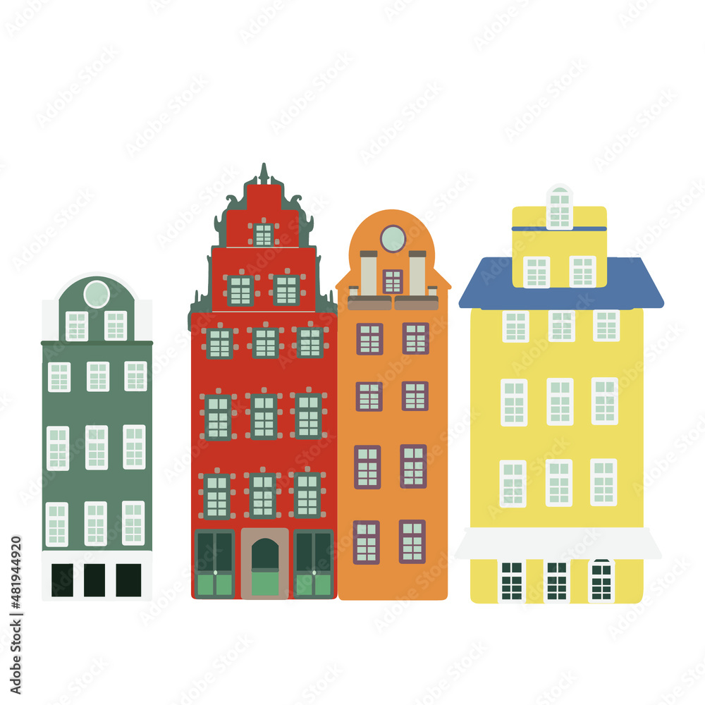 Iconic Buildings on Stortorget or public square in the old town Stockholm Sweden. Old Scandinavian architecture. Hand drawn flat cartoon vector illustration isolated on white background