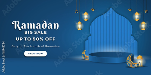 Ramadan big sale promotion poster banner with a podium for display product