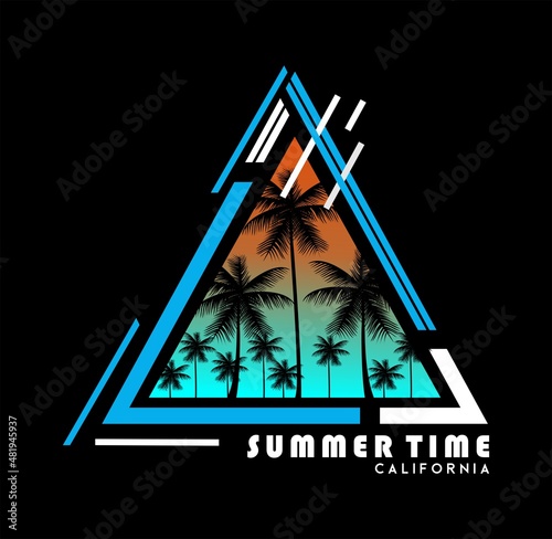 Summer Times California retro slogan with waves and and sun vector illustrations. For t-shirt prints and other uses