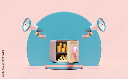 open safe box with gold bar, coin, blue podium, businessman hand hold megaphone, hand speaker isolated on pink background. business finance, banking, investment concept, 3d illustration, 3d render