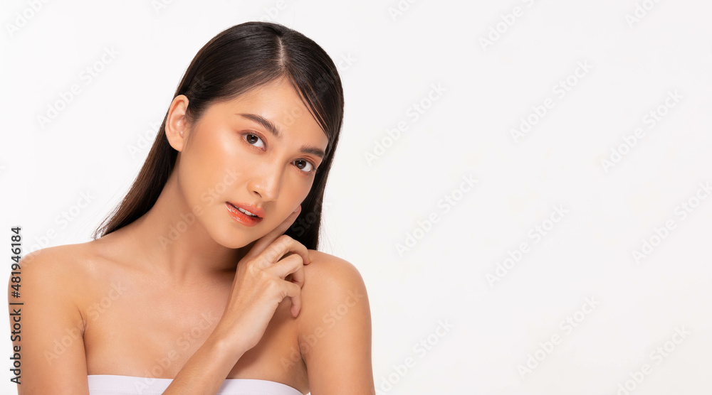 Beauty asian women touching soft chin portrait face with natural skin and skin care healthy hair and skin close up face beauty portrait.Beauty Concept on white background. Beauty asian women touching soft chin portrait face with natural skin and skin care healthy hair and skin close up face beauty portrait.Beauty Concept on white background.