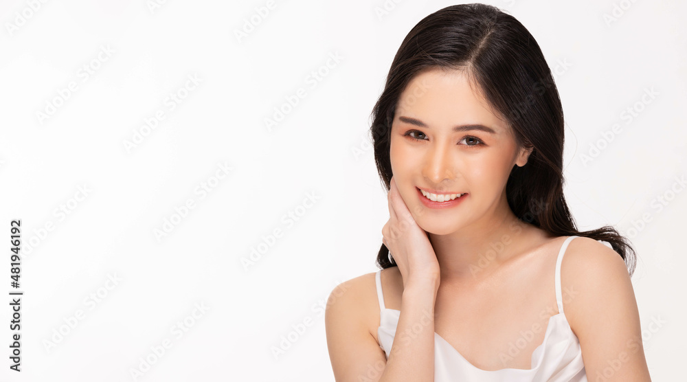 Beauty asian women touching soft chin portrait face with natural skin and skin care healthy hair and skin close up face beauty portrait.Beauty Concept on white background. Beauty asian women touching soft chin portrait face with natural skin and skin care healthy hair and skin close up face beauty portrait.Beauty Concept on white background.