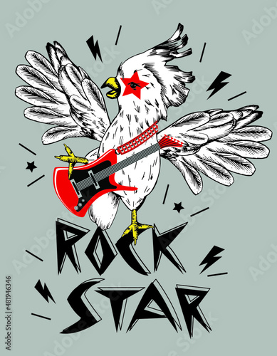 Moluccan cockatoo parrot play on guitar. Print for t shirt. Slogan Rock Star. Vector illustration.
