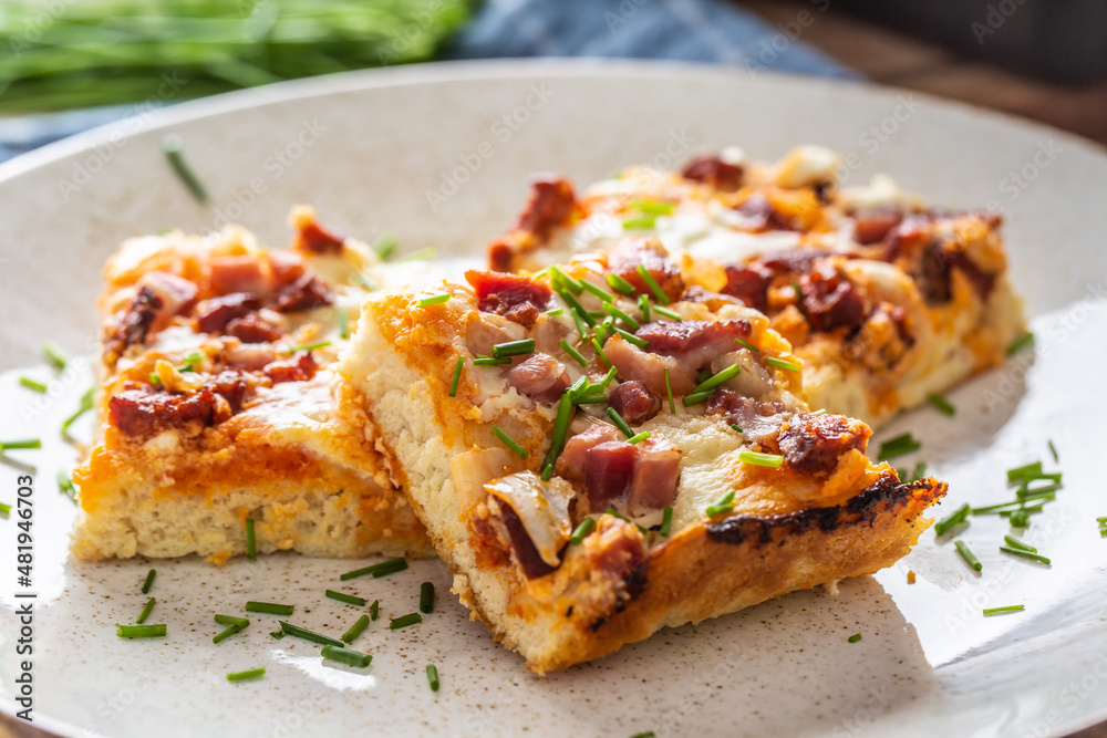 Slovak national dish podpecnik, podplamennik or posuch. Slovak national dish is made sourdough, bryndza, sour cream, bacon and onion