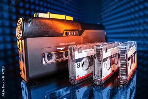 portable analog voice recorder and audio cassette photo