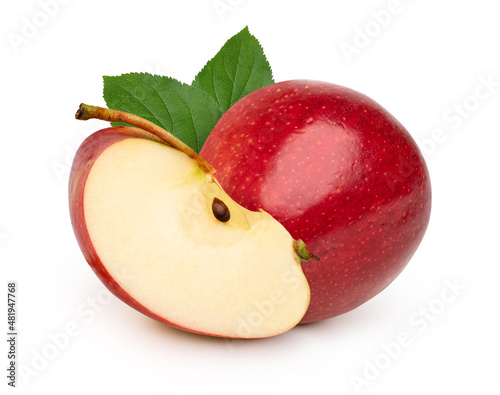 Red apple with leaves and slices isolated on white background.