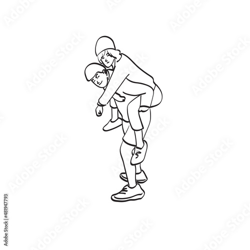 line art man taking lovely woman on piggyback ride illustration vector hand drawn isolated on white background