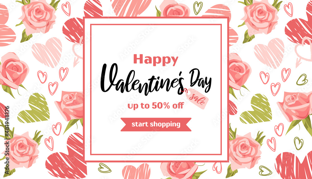 Horizontal banner for Valentines Day. Hearts and roses. Bold modern pattern, graffiti. Bright vector illustrations with grunge textures in a sketch style. For advertising banner, website, sale flyer.
