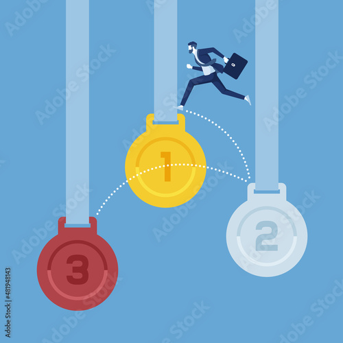 Businessman is highly jumping across from hanging bronze, silver to gold medals respectively, business career and achievements