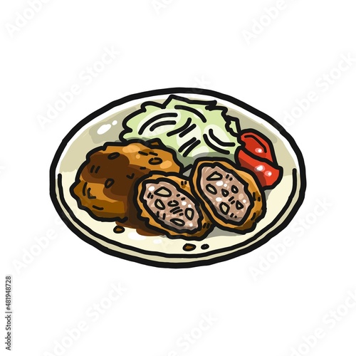 お皿に盛りつけられたメンチカツのイラスト。千切りキャベツとトマトが添えられています。