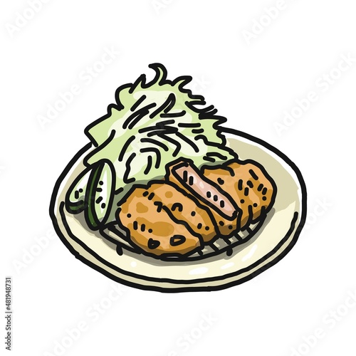 お皿に盛りつけられたとんかつのイラスト。千切りキャベツが添えられています。