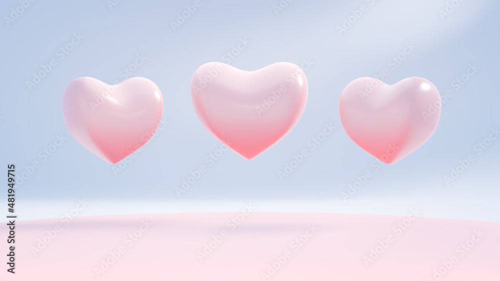 Valentine's Day background. Realistic 3d stage podium, festive decorative objects, heart shaped , XO, love pink, Holiday banner.