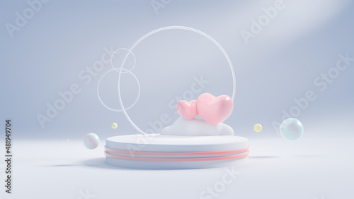 Valentine's Day background. Realistic 3d stage podium, festive decorative objects, heart shaped , XO, love pink, Holiday banner.