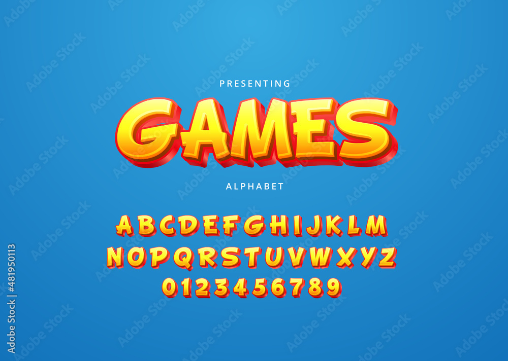 Playful style text effect, trendy game title font alphabet and number