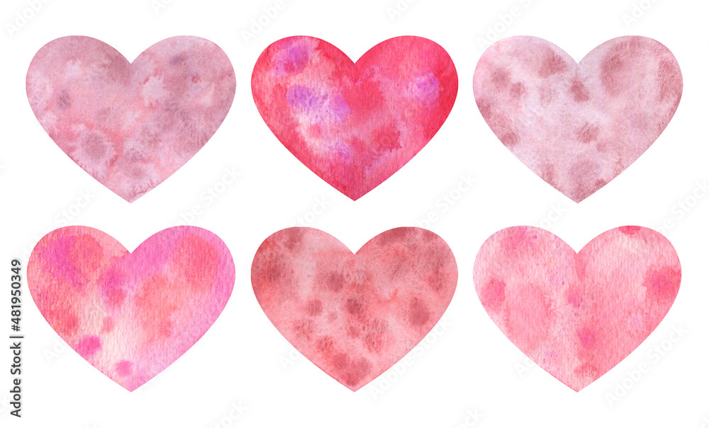 Watercolor set of hearts isolated on a white background. Hand drawn collection of pink hearts with flowers, stains, textures. Perfect for post card, gift wrapping paper, wedding, valentine's day.