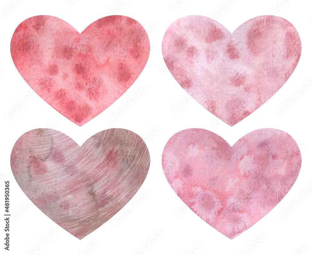 Watercolor set of simple hearts isolated on a white background. Hand drawn collection of pink hearts with flowers, stains, textures. Perfect for post card, wrapping paper, wedding, valentine's day