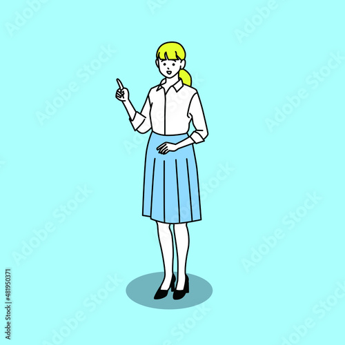 指をさして解説する女性ビジネスマン　全身姿