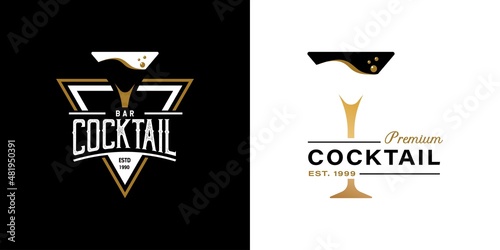 Vintage Retro Style for Cocktail Glass Logo Design. With gold color on black background. Premium and Luxury Logo Template