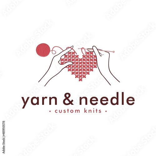 Love Knitting with Hands Logo, Needle and Yarn Logo, Simple Knitting Logo Vector Design Template
