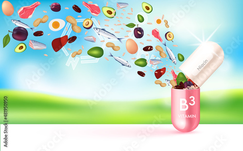 Capsule vitamin B3 pink. fruits and vegetables fiber vitamin that neutralize free radicals. Anti aging beauty medical concept and health care. Bright sky orchard background 3D vector EPS10.