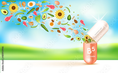 Capsule vitamin B5 orange. fruits and vegetables fiber vitamin that neutralize free radicals. Anti aging beauty medical concept and health care. Bright sky orchard background 3D vector EPS10.