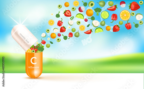 Capsule vitamin C orange. fruits and vegetables fiber vitamin that neutralize free radicals. Anti aging beauty medical concept and health care. Bright sky orchard background 3D vector EPS10.