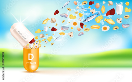 Capsule vitamin D orange. fruits and vegetables fiber vitamin that neutralize free radicals. Anti aging beauty medical concept and health care. Bright sky orchard background 3D vector EPS10.