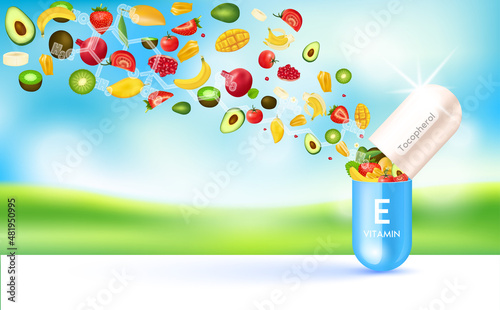 Capsule vitamin E blue. fruits and vegetables fiber vitamin that neutralize free radicals. Anti aging beauty medical concept and health care. Bright sky orchard background 3D vector EPS10.